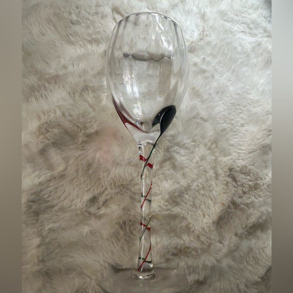 Vintage Pier 1 Hand Blown Red & Green “Swirl” Wine Glass